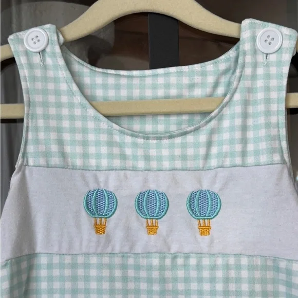 Hot air balloons appliqué shortall romper toddler boy jon jon gingham mint - Picture 2 of 7